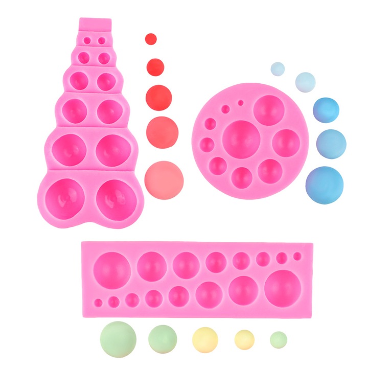 Set de 3 forme prajituri din silicon, rotunde, textura perlata, roz