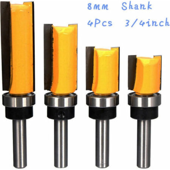 Set de 4 freze de finisare cu stift de 8mm, accesorii pentru frezare, diverse inaltimi