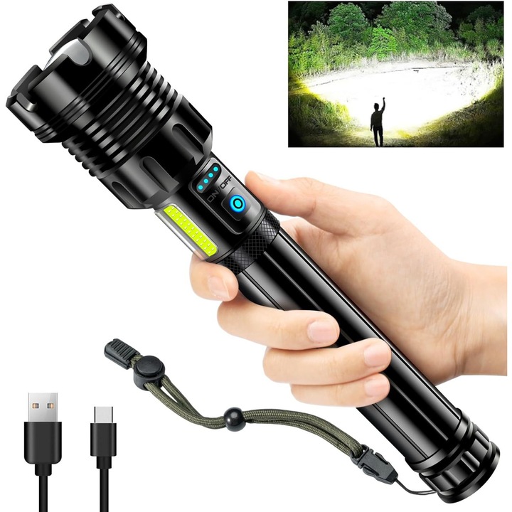 Lanterna LED reincarcabila, waterproof, functie power bank, 800m, neagra