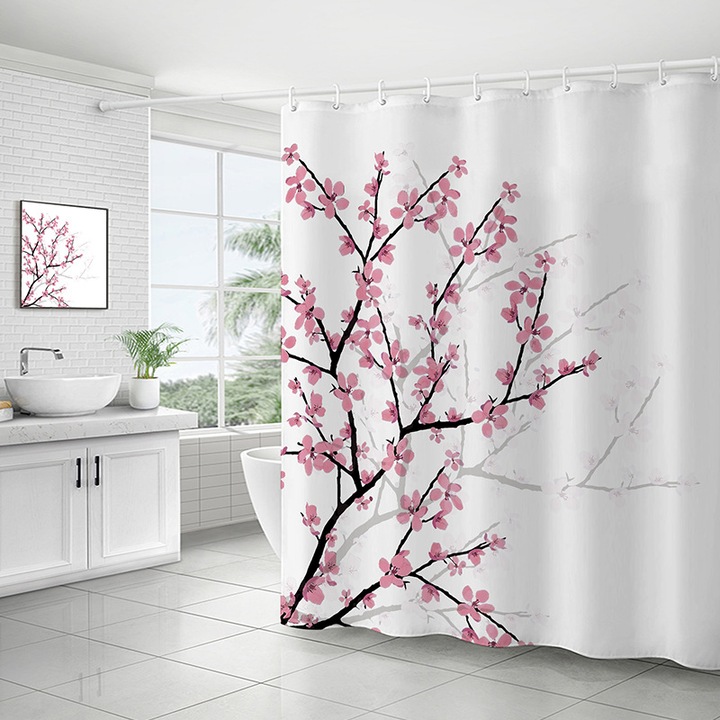 Cortina de dus cu model flori de cires, set, 180x180cm, impermeabil, fara captuseala