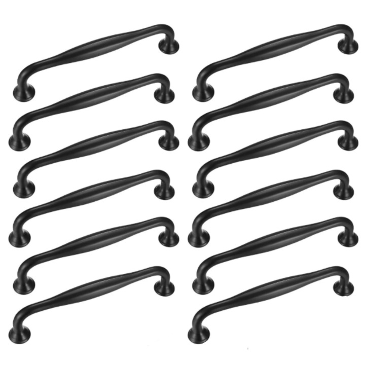 Set 12 manere de bucatarie, 128x12mm, aluminiu, design vintage, negru