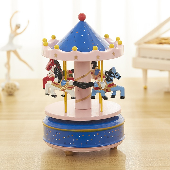 Cutie muzicala carusel, design rotativ, culori albastre si roz, set decorativ pentru sarbatori