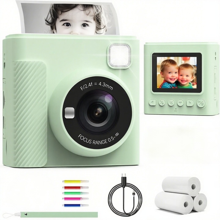 Camera foto instantanee multifunctionala pentru copii, 12MP, 1080P HD, cu 5 pixuri colorate, verde