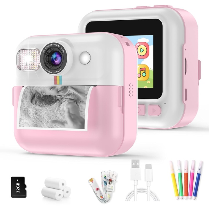Camera foto pentru copii, 1080P, imprimare instantanee, 3 role hartie termica, 32GB card, roz