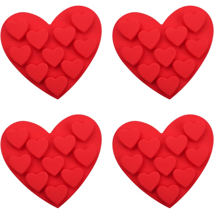 Set de 4 forme din silicon pentru prajituri in forma de inima, rosu, rezistente la temperaturi ridicate