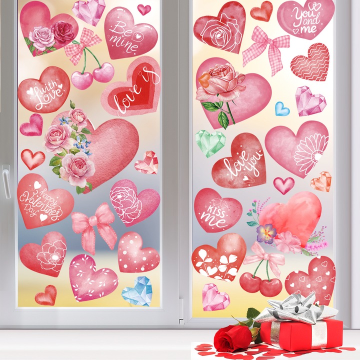 Sticker decorativ fereastra tema Valentine's Day, inimioare roz si rosii, set 20x30x6cm