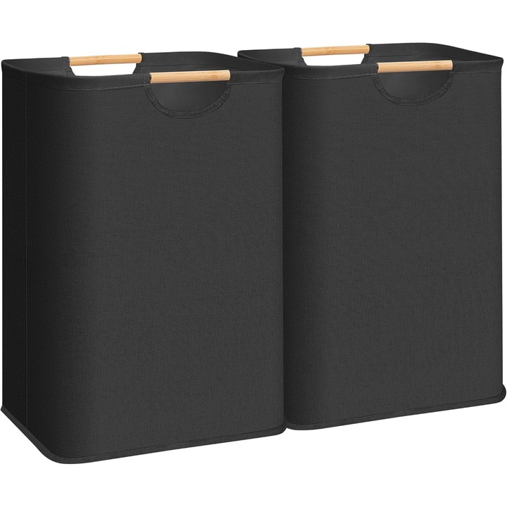 Set 2 cosuri pentru rufe, foldabile, cu manere din bambus, impermeabile, 15.4x13x24.8in, negru