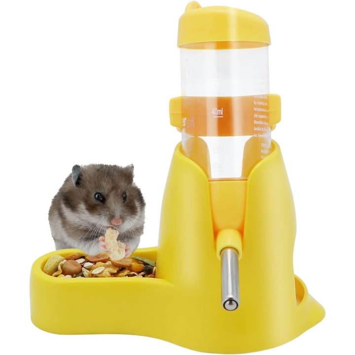 Dispenser automat pentru apa hamsteri 3 in 1, cu baza, 80 ml, galben