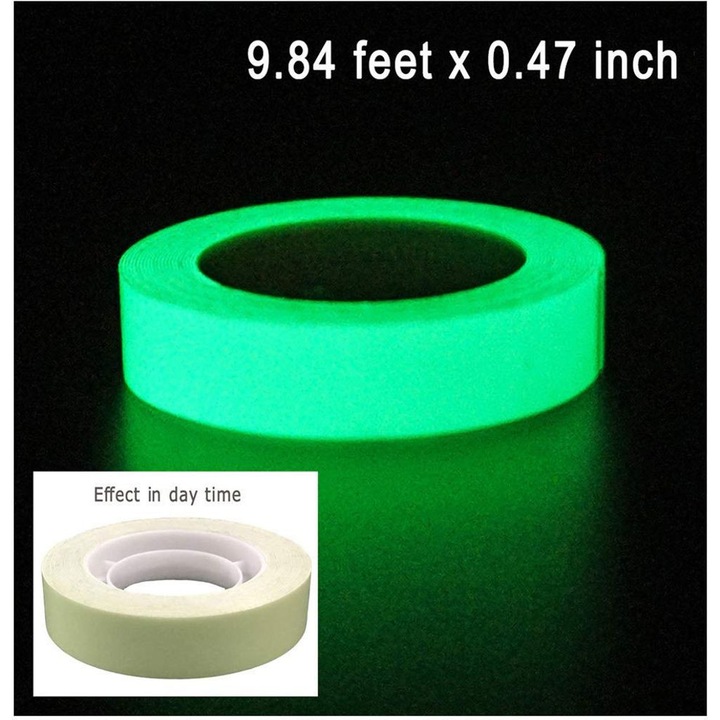 Banda adeziva fluorescenta autoadeziva, 1cm x 3m, rezistenta la apa, luminescenta, pentru marcarea zonelor periculoase