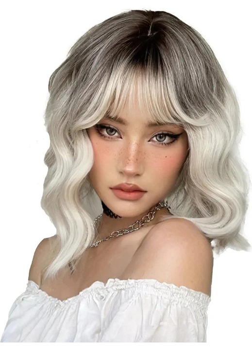 Peruca scurta, sintetica, bucle cu breton, roz, 12 inch