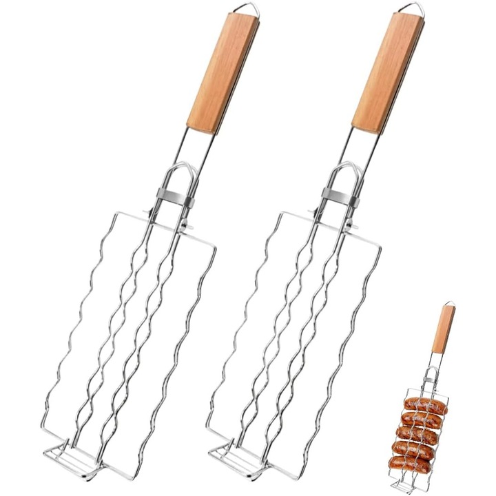 Set ustensile gratar, suport pentru carnati pliabil, clesti de gratar portabili, inox, usor de curatat, dimensiuni compacte