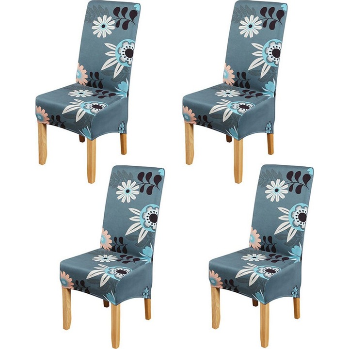 Huse scaune, set 4 piese, model floral, 90% poliester, 10% spandex, dimensiuni 24-30x16-20in, 16-20x6-7in