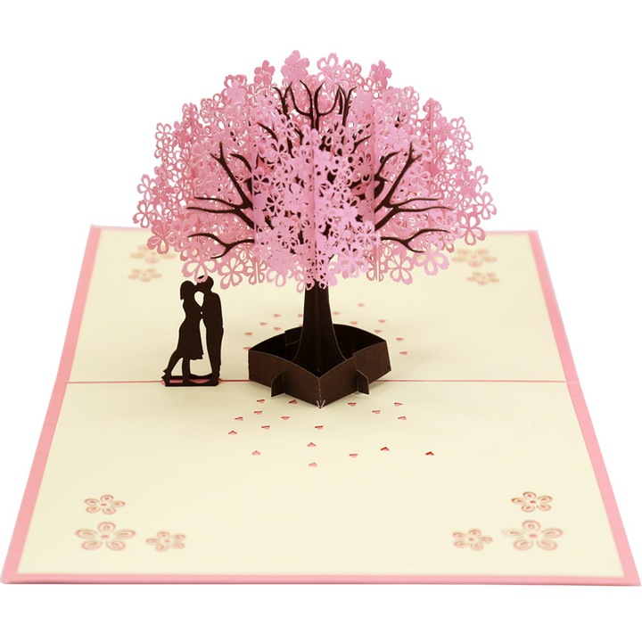 Felicitare 3D cu flori de cires, cadou romantic, versiune pentru cupluri, roz, 15x20cm