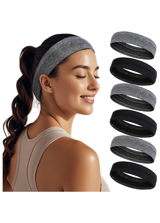 Banda sport pentru femei, set de 6 bucati (3 negre + 3 gri), material anti-transpiratie, antiderapant