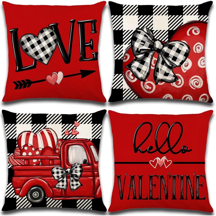 Set 4 fete de perna Valentine's Day, 45x45cm, design inima rosie, din in, pentru canapele mari, decorare sarbatori