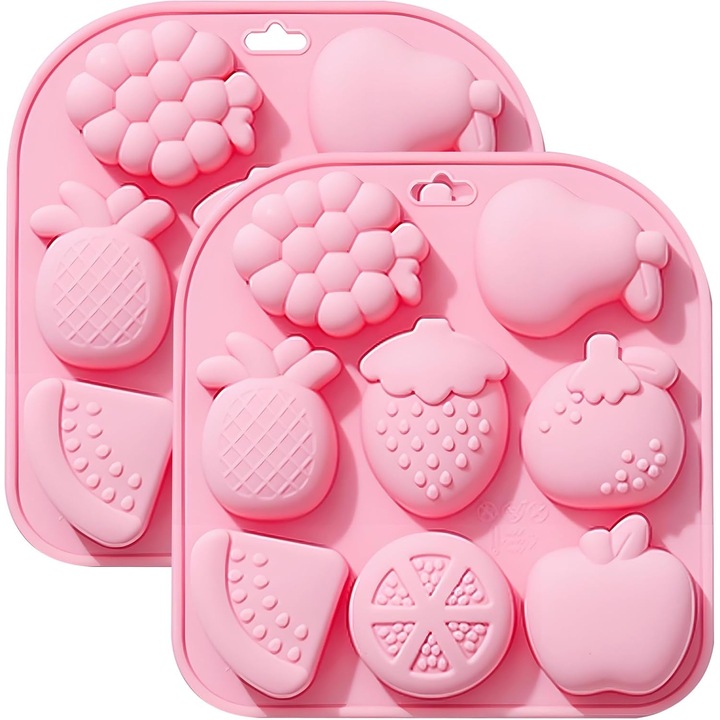 Set forme prajituri din silicon, 8 cavitati, capsuni si mere, roz