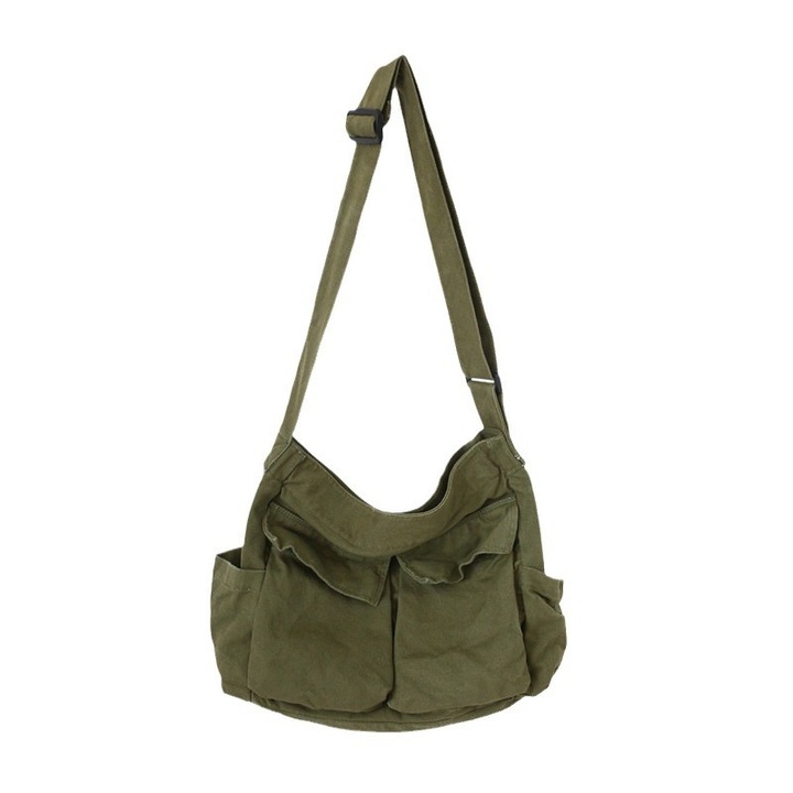 Geanta tote mare din panza verde, cu multiple buzunare, unisex