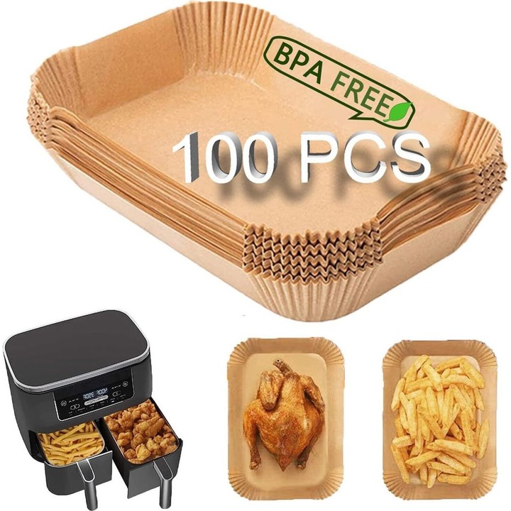 Folie de copt pentru friteuze cu aer, set 100 bucati, 14x22x4.5cm, rezistenta la caldura, fara BPA