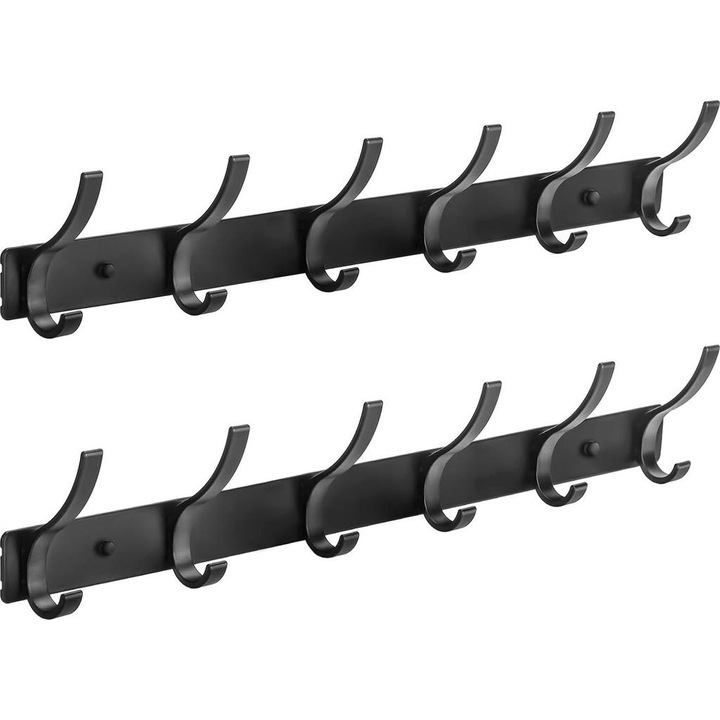 Set 2 cuiere, 12 carlige fiecare, aluminiu rezistent, negru, pentru haine, baie, dormitor
