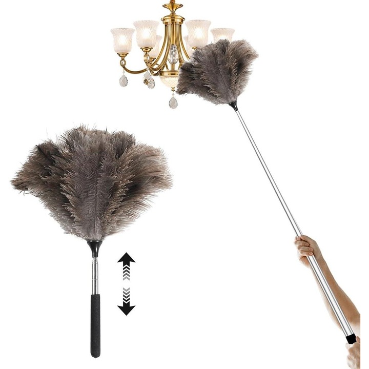 Matura telescopica din pene de strut, 43-115cm, lavabila, anti-statica, pentru curatarea suprafetelor inalte