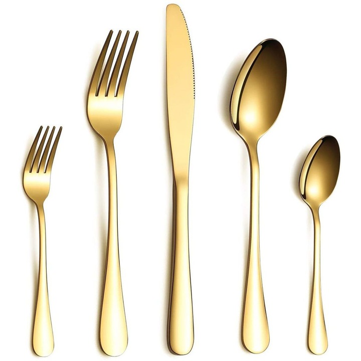 Set tacamuri aurii, 30 piese, 6 persoane, inox 18/0, negru, rezistent la rugina