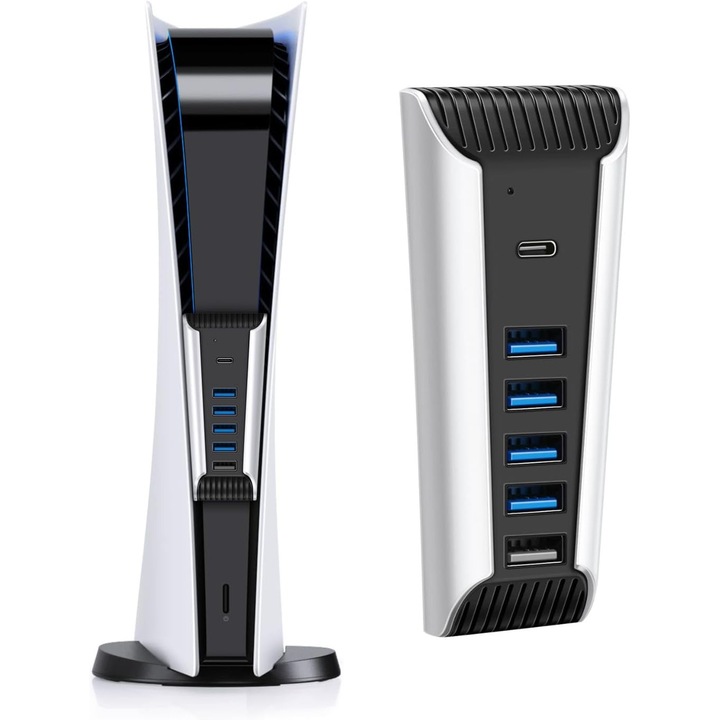 USB elosztó PS5-höz, 4 USB 2.0 port, 1 USB Type-C 3.1 port, 1 töltőport, elegáns design