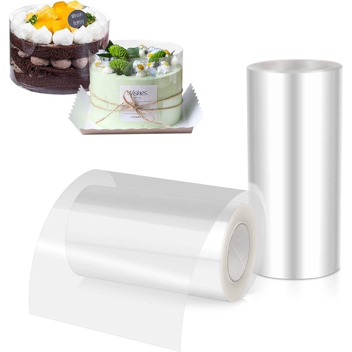 Folie pentru margini de tort, set 2 bucati, dimensiuni 10cm x 10m si 15cm x 10m, plastic PP, reutilizabil