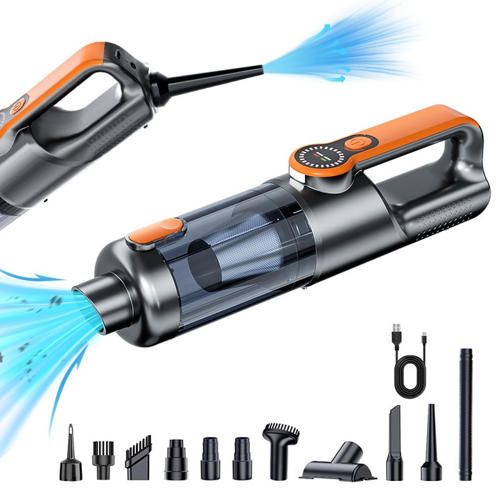 Aspirator auto portabil 2 in 1, 17000PA, incarcare Type-C, 33.5x9x7.3cm, accesorii complete, pentru curatarea masinii si par de animale