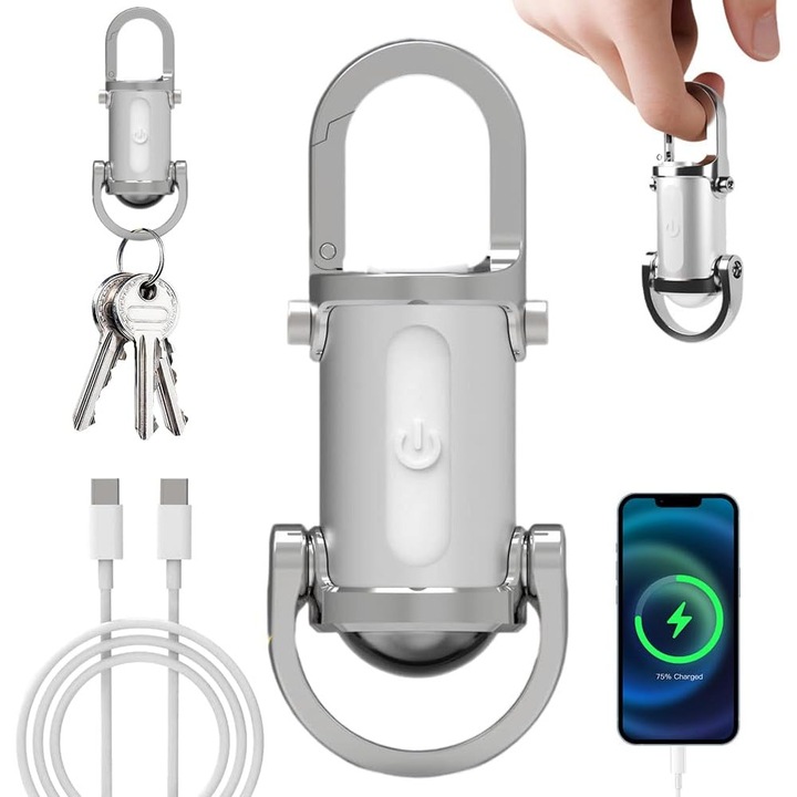 Lanterna mini portabila cu LED, 1200 lumeni, design 3 in 1, impermeabil, 8 moduri, dimensiuni compacte, argintie