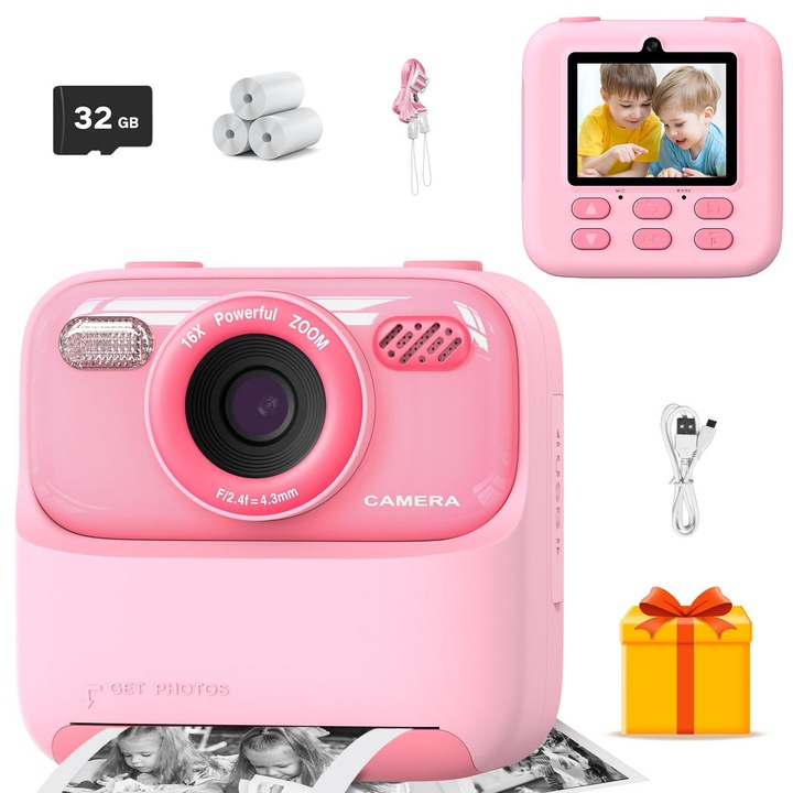 Camera instantanee pentru copii, imprimare rapida, 2 moduri de imprimare, 32GB, roz