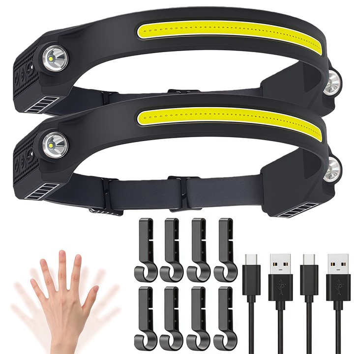 Set lanterna frontala reincarcabila, 350 lumeni, 5 moduri, unghi larg 230°, impermeabil IPX4, pentru adulti si copii