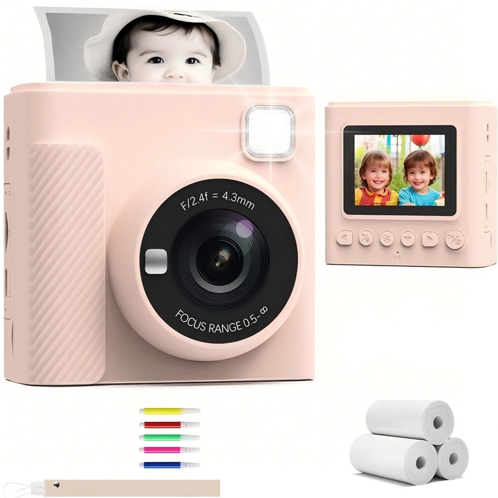 Camera foto instantanee pentru copii, 12MP, 1080P HD, cu 5 pixuri colorate, set