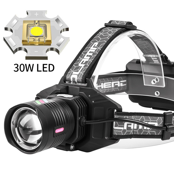 Lanterna LED reincarcabila, 30W, 5 LED-uri albe, 2 LED-uri rosii, zoom telescopic, dimensiuni 6.5x4.5x4.5cm