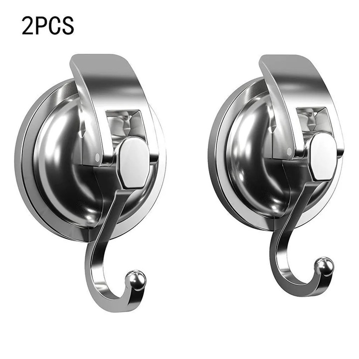 Set 2 suporturi de baie cu ventuza, plastic, argintiu, capacitate maxima 5 kg