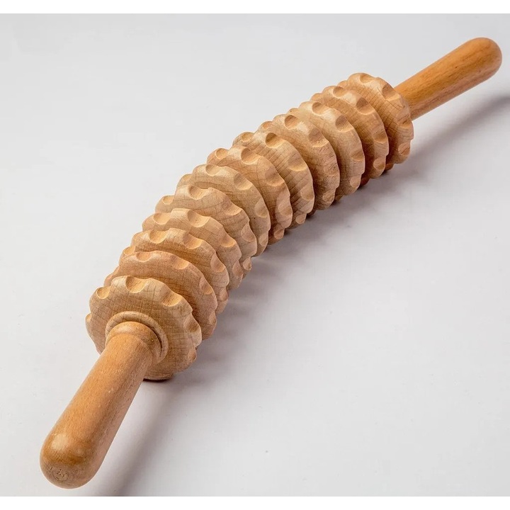 Roller de masaj din lemn de fag, design curbat, drenaj limfatic, 44cm