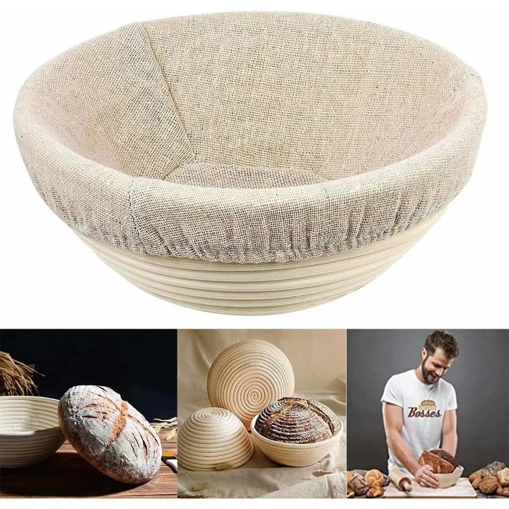 Cos de fermentare rotund, 20x8cm, din ratan, pentru 1.0 kg aluat de paine, captusit cu in