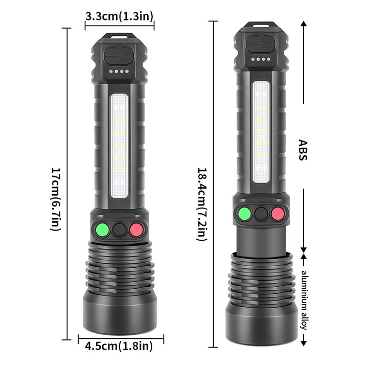 Lanterna LED, 800 lumeni, reglabila, impermeabila, dimensiuni portabile, set de culori alb, rosu, verde