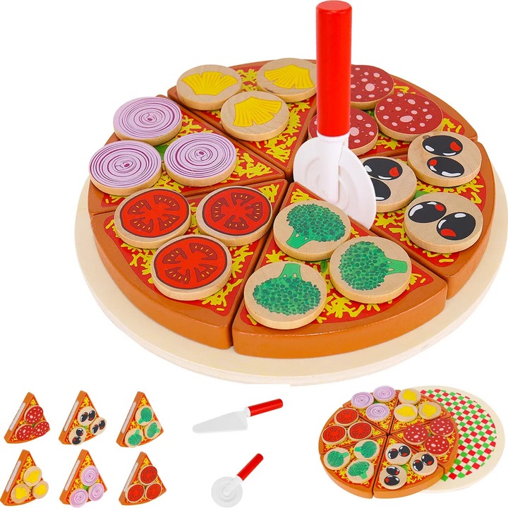 Set pizza din lemn cu accesorii pentru bucatarii de copii, include tocator si cutit, multicolor