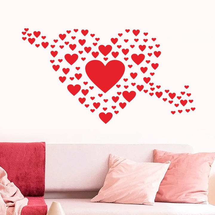 Sticker decorativ fereastra tema dragoste, rosu si roz, 24x19cm