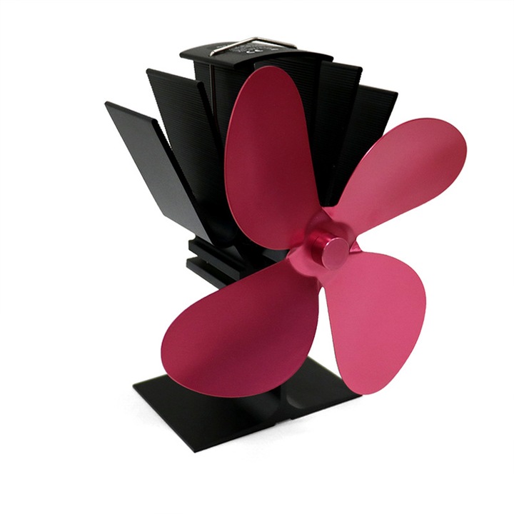 Ventilator pentru soba, 4 palete, functionare silentioasa, controlat de temperatura, rosu roz, 19x10x14cm