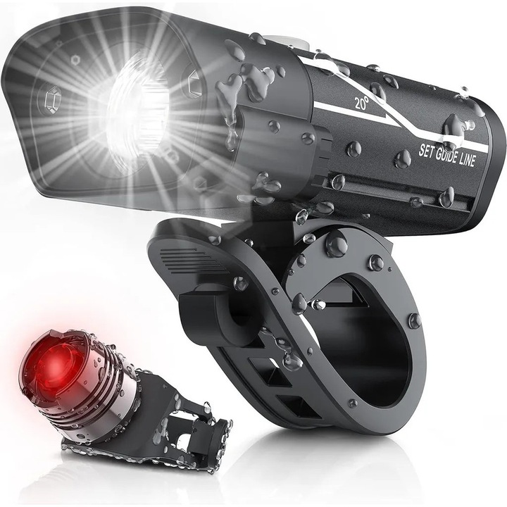 Set de lumini pentru bicicleta, 1000 Lumen, 3 LED-uri, IPX5 rezistent la apa, rotire 360°, moduri de comutare, dimensiuni universale.