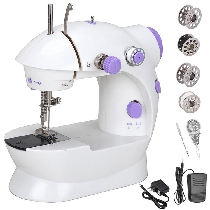 Masina de cusut electrica, set portabil, 2 viteze, cu pedala, compacta