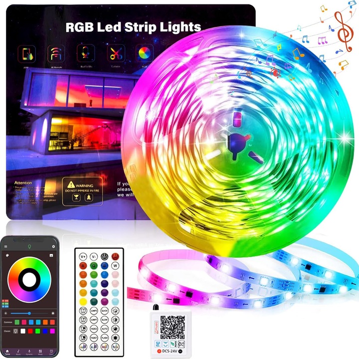 LED szalag, BOMSTOM, 20m, 16 LED/m, RGB, Szabályozható, Távirányítóval és Alkalmazással Vezérelhető, Zenei Szinkronizálás, Többszínű