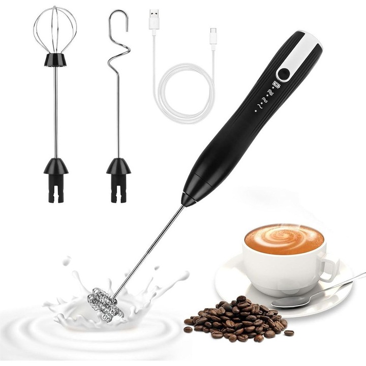 Frother electric pentru lapte, 3 viteze, incarcare USB-C, set de accesorii, inox 304