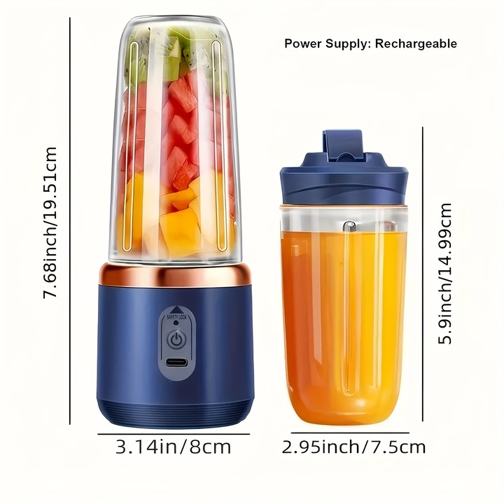 Hordozható USB turmixgép, 21000 RPM, 6 penge, 400ml, szett 2 pohárral