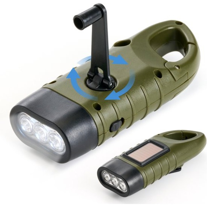 Lanterna cu manivela, autoalimentata, LED, verde, 12cm