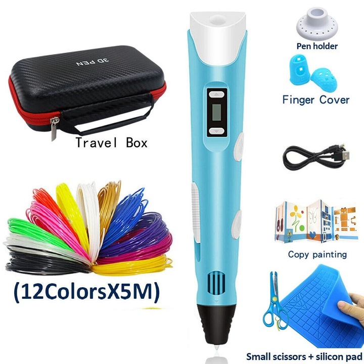 Creion 3D, set cu 12 culori, dimensiune XL, albastru