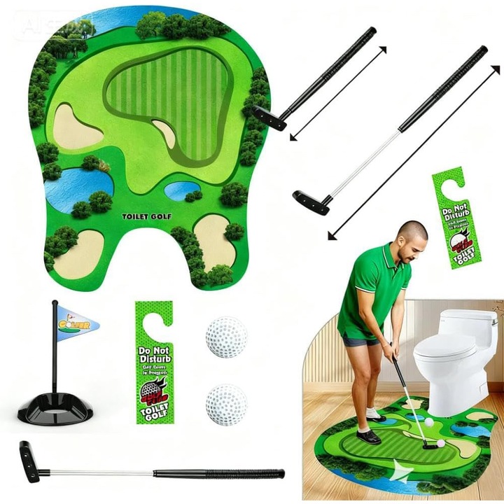 Set jucarie golf pentru toaleta, mini, cu putter si mingi, multicolor