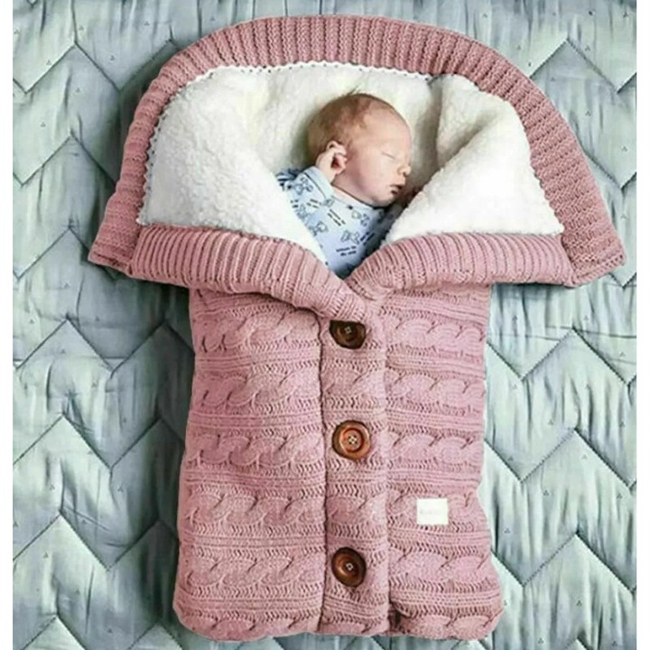Sac de dormit pentru bebelusi, roz, 68x40cm, fleece calduros, pentru 0-12 luni, set.