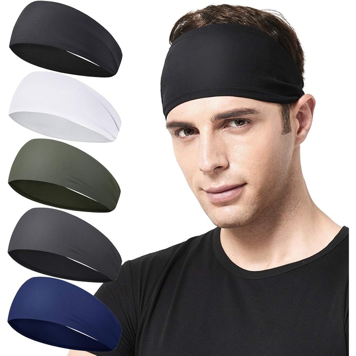 Set 5 bandane sport barbati, unisex, 24x9cm, respirabile, absorbante, pentru alergare, ciclism, yoga, fitness